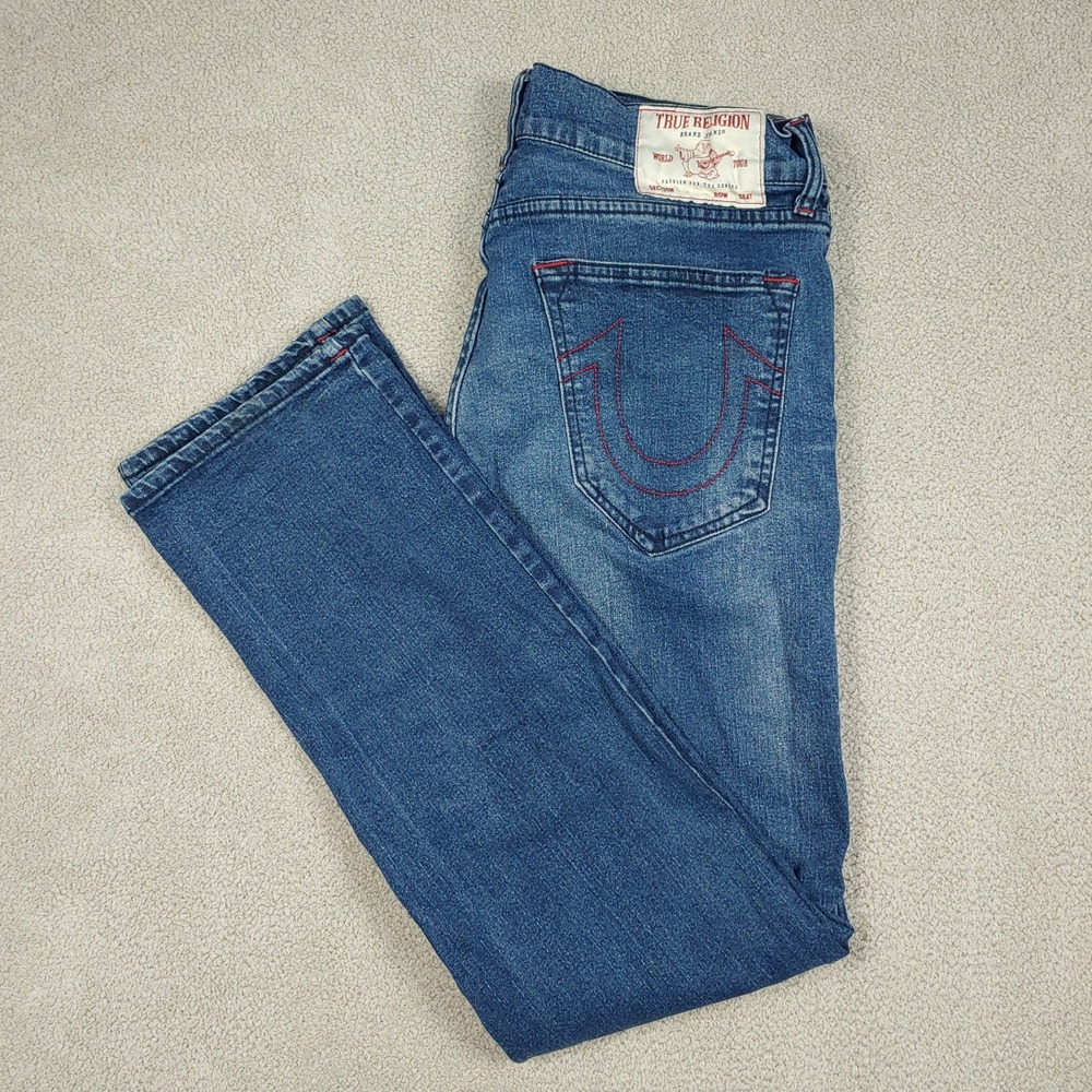 True Religion Ricky Relaxed Straight Jeans - Mens 32x32 Blue Red Stitching Logo